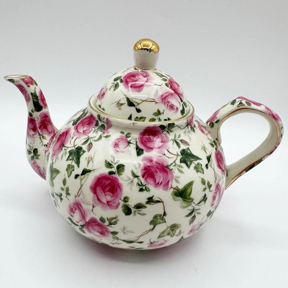 Baum Bros FORMALITIES Tea Pot Victorian Rose Chintz Pink Vtg Ivy Cake Server